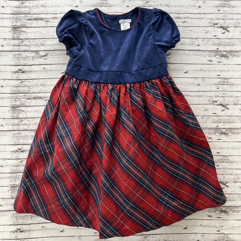 Max Studio Kids Girls Christmas Dress Blue Red Plaids Checks Size 7 Snap Bow Tie